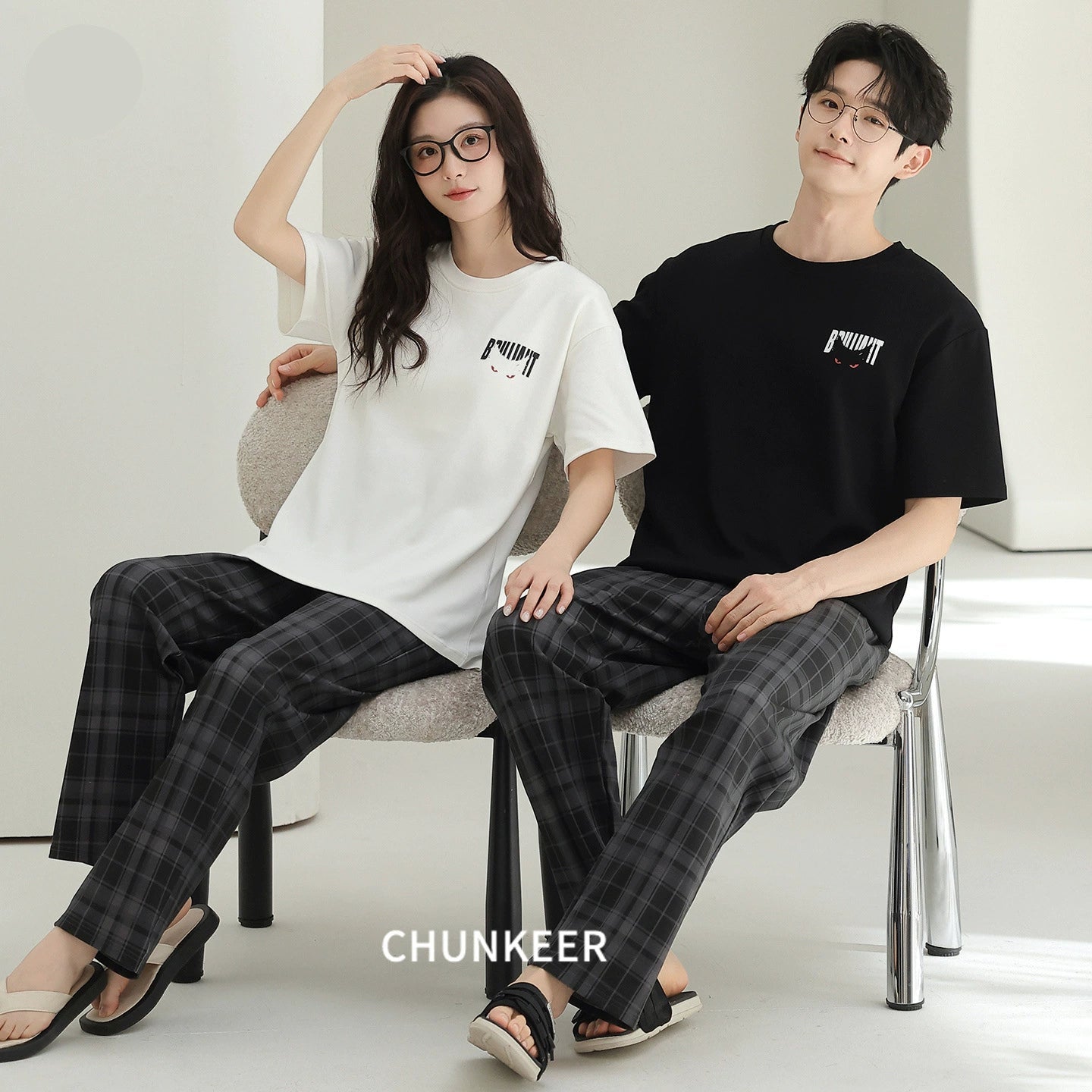 Youthful Plaid & Graphic Cotton Couple Lounge Set