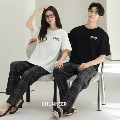 Youthful Plaid & Graphic Cotton Couple Lounge Set