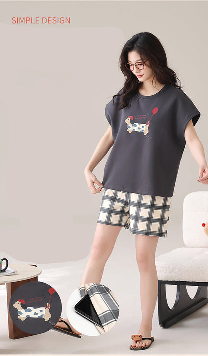 Cute Dachshund Couple Pajamas - Cotton Summer Set w/ Bra