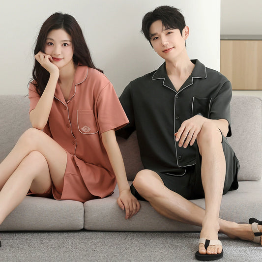 Contrast Piping Cotton Short Couple Pajamas