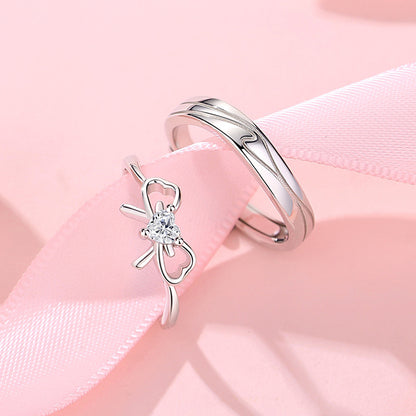 Sterling Silver Bow Couple Rings Set - Adjustable Size