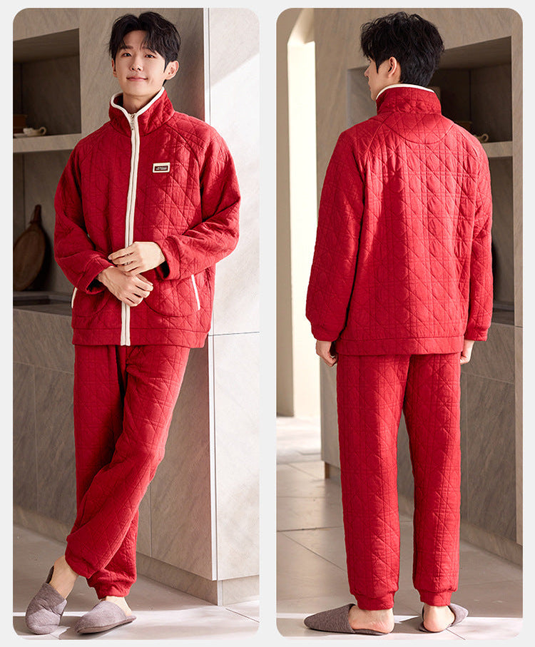 Festive Quilted Couple Pajamas – Red Air Cotton Zip-Up Set by Gullei