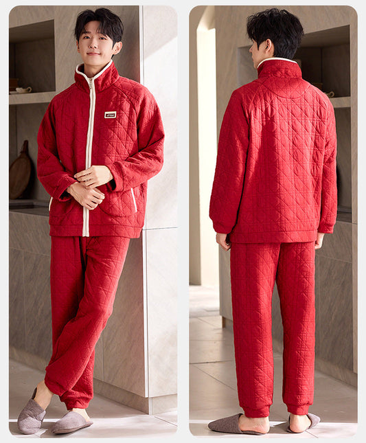 Festive Quilted Couple Pajamas – Red Air Cotton Zip-Up Set by Gullei