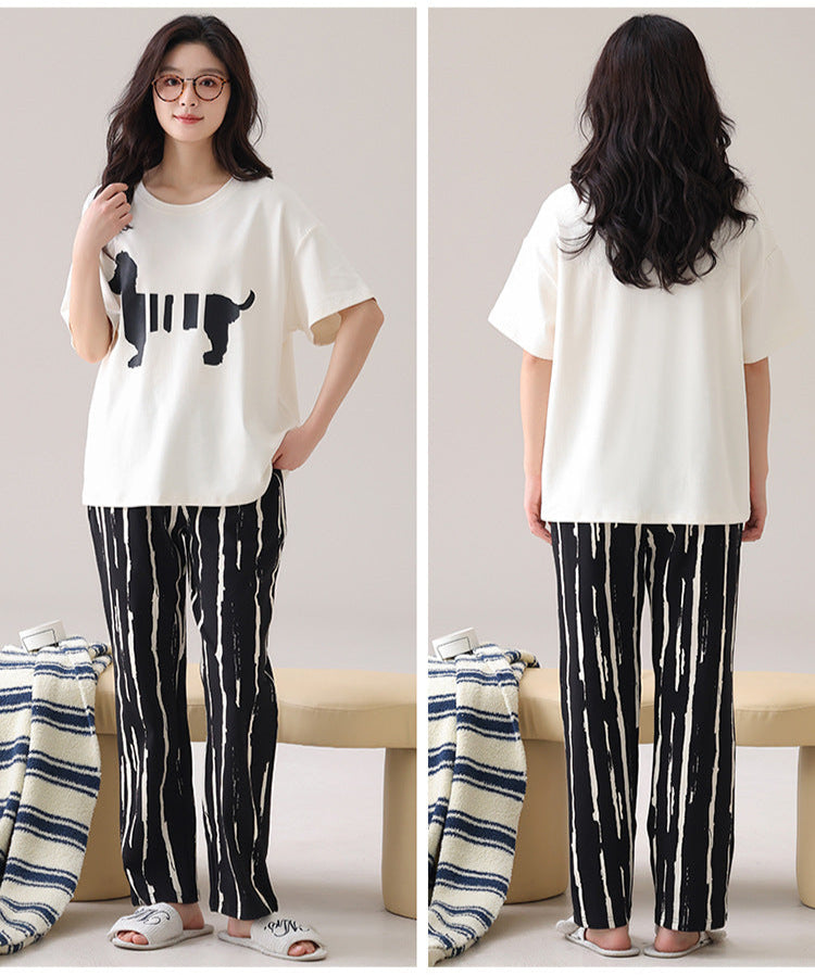 Cute Puppy Couple Pajamas - Cotton Short Sleeve Long Pants