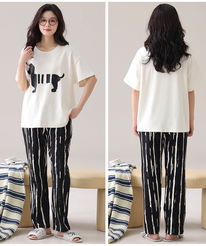 Cute Puppy Couple Pajamas - Cotton Short Sleeve Long Pants
