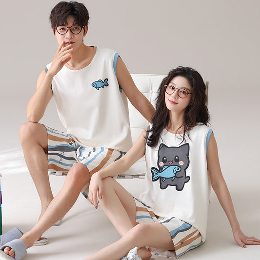 Cat and Fish Couple Pajamas - Matching Sleeveless 100% Cotton