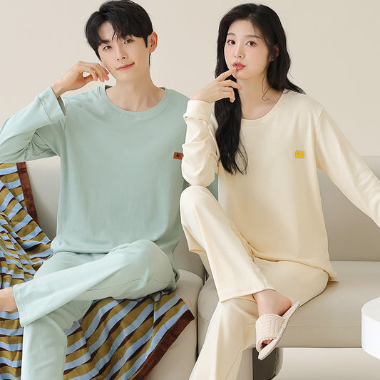 Long Sleeve Round Neck Couples Winter Pajamas 100% Cotton