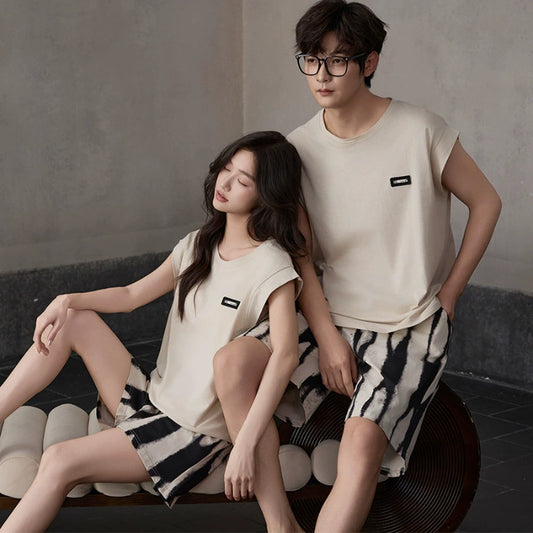 Silky Breeze: Sleeveless Modal Blend Couple Pajamas with Pocket