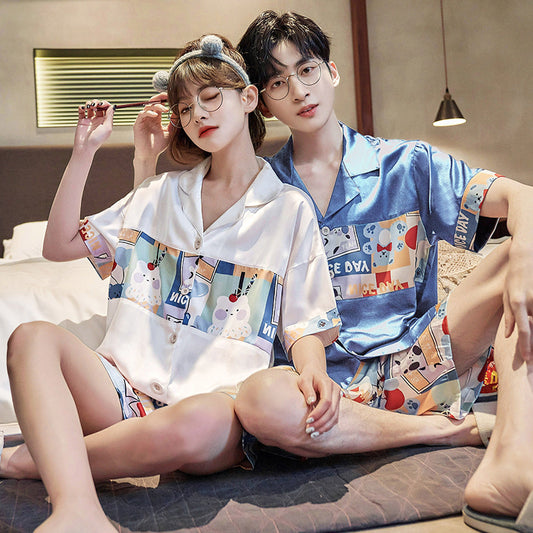 Artful Color-Block Couple's Pajama Set | Silky Cool Ice Silk