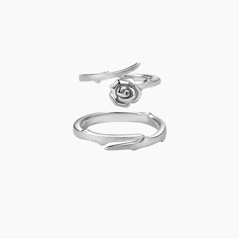 Matching Rose Rings Set for Couples - Solid Sterling Silver - Adjustable Size