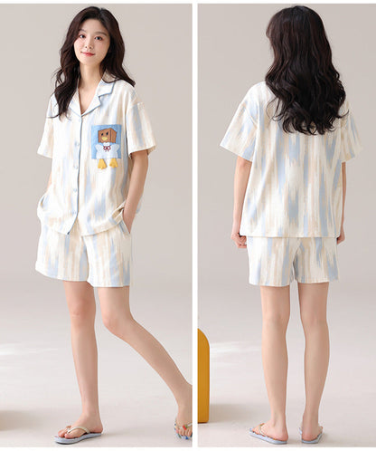 Cute Cartoon Couple Pajamas - Cotton Short Sleeve Cardigan