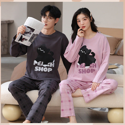 Cute Cartoon Pet Graphic Plaid Couple Pajamas