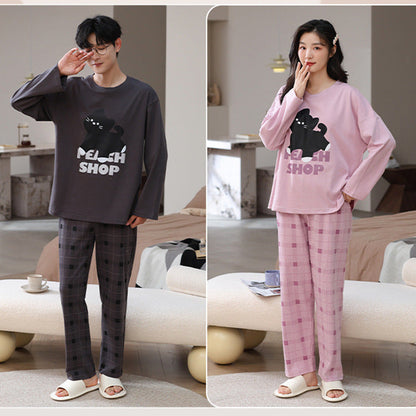 Cute Cartoon Pet Graphic Plaid Couple Pajamas
