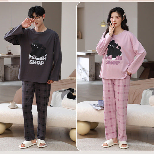 Cute Cartoon Pet Graphic Plaid Couple Pajamas