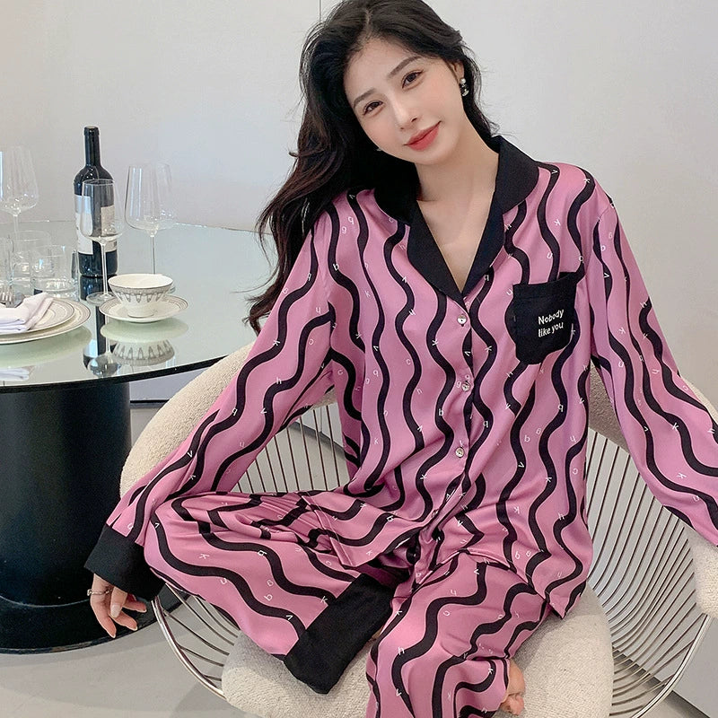 Women Pajamas Set – Trendy Pink/Black Wave Print Sleepwear