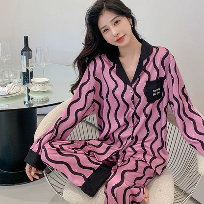 Women Pajamas Set – Trendy Pink/Black Wave Print Sleepwear
