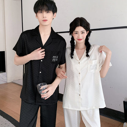 Minimalist Faux Silk Couple Pajamas – Modern Unisex Sleepwear Set by Gullei
