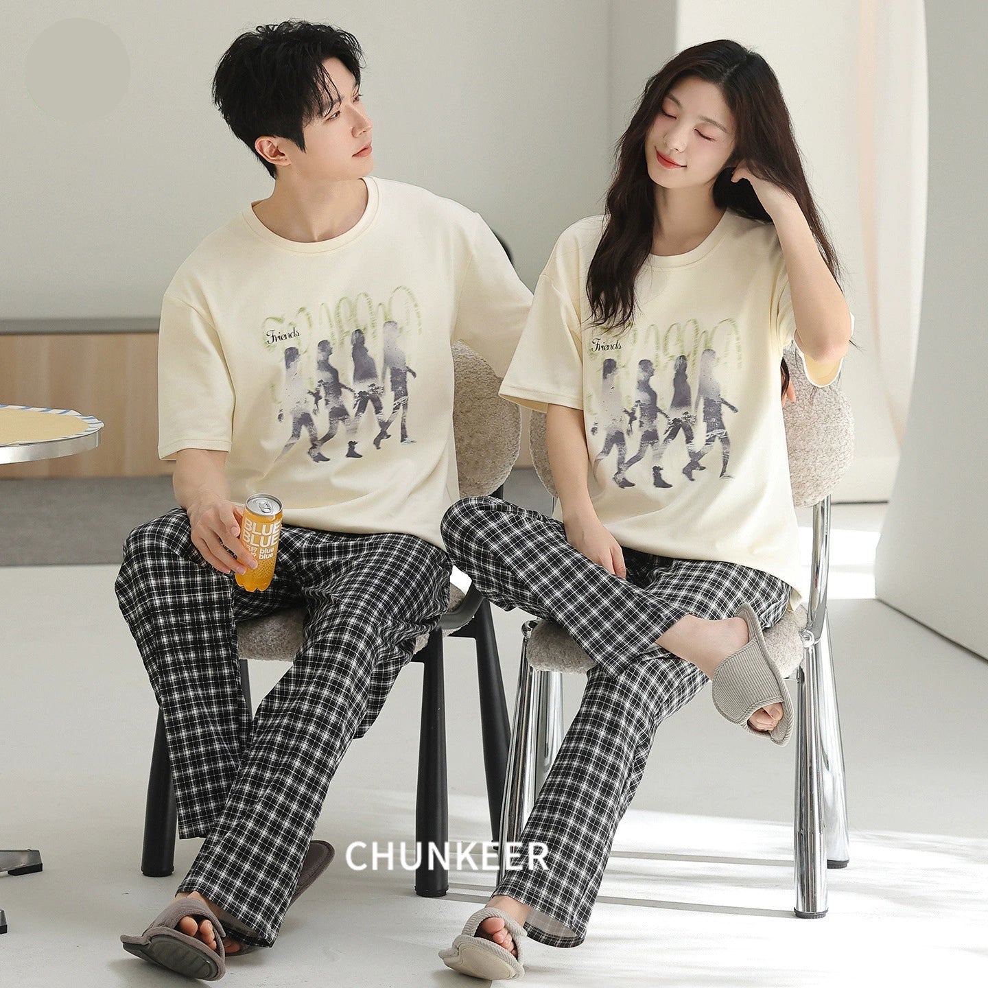 Casual Graphic & Plaid Cotton Couple Lounge Set