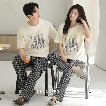 Casual Graphic & Plaid Cotton Couple Lounge Set