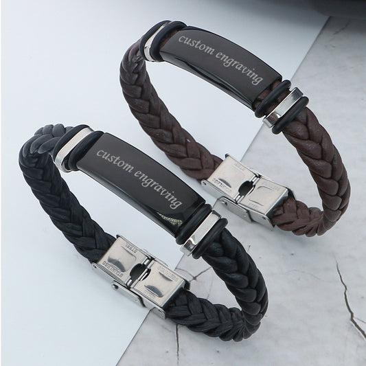 Engraved Matching Couple Bracelets Stainless Steel Leather