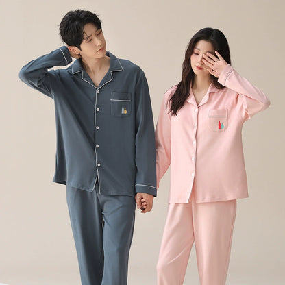 Classic Cotton Contrast Piping Couple Pajamas - 100% Natural Cotton