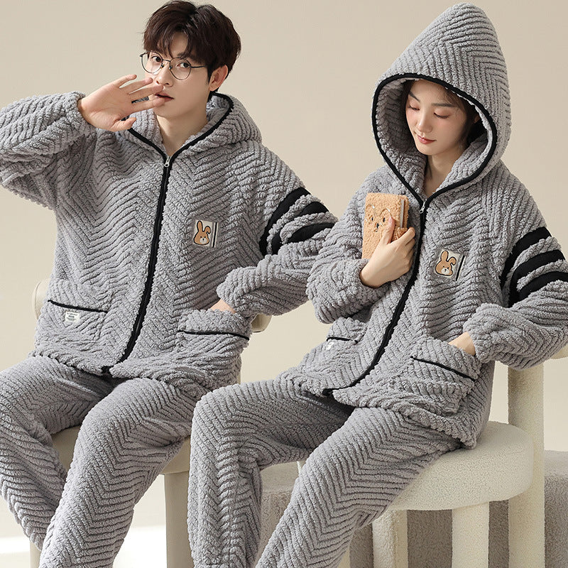 Matching Hooded Pajamas Flannel Couple PJs Set