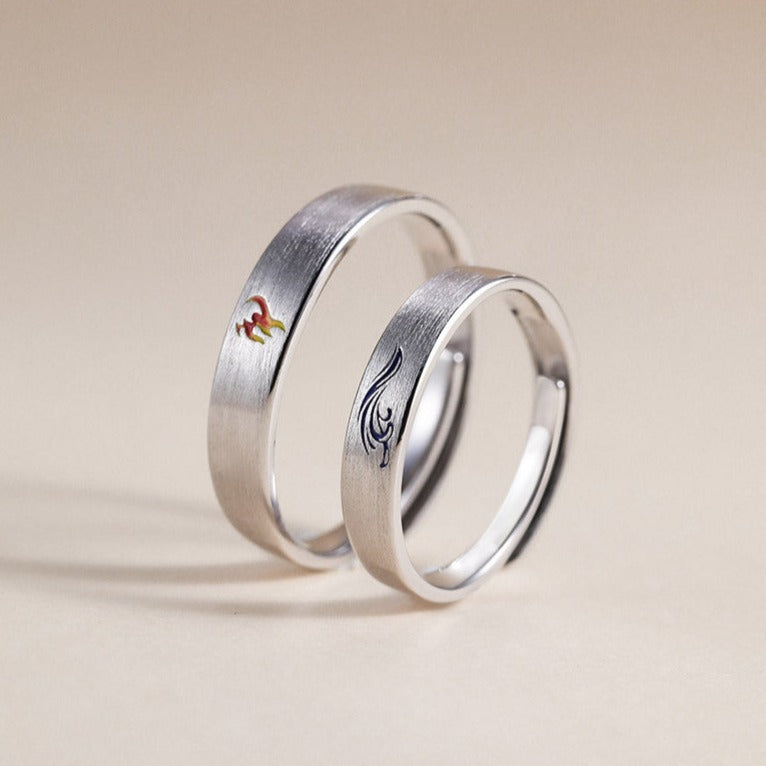 Engraved Fire and Water Rings Set for Couples - Solid Sterling Silver - Adjustable Size