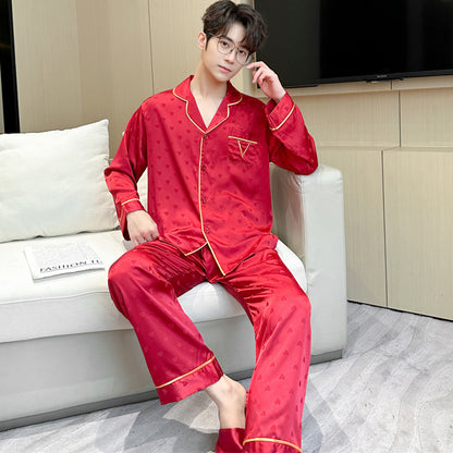 Matching Couple Pajamas – Embossed Heart Pattern Faux Silk Set for Couples