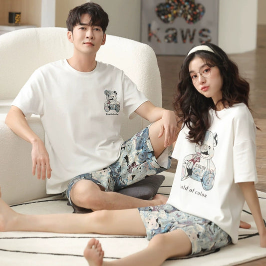 Teddy Bear Couple PJs - Matching Cotton Summer Set