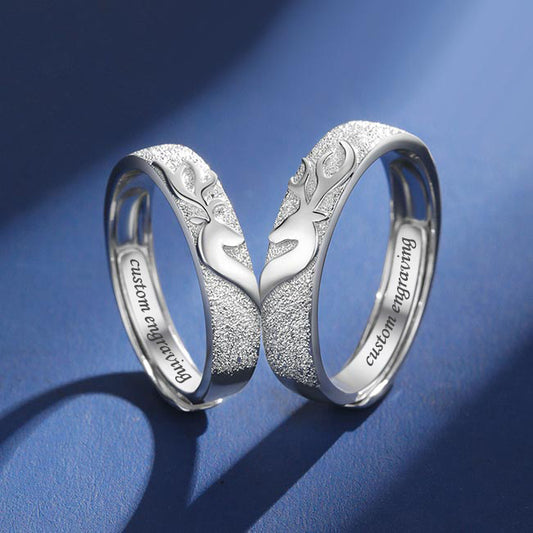 Engraved Kissing Deer Couple Promise Rings - Adjustable Sterling Silver Distance Relationship Gift