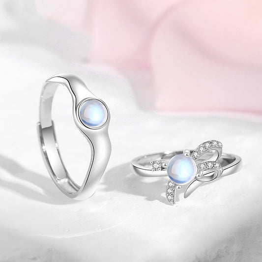 Engraved Moonstone Promise Rings Set for Couples