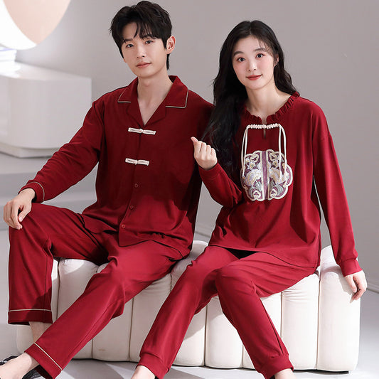 Asian Style Red Pajamas Set for Couples 100% Cotton