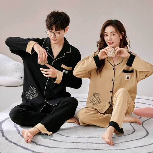 4-Piece Long Sleeve Bear Print PJs Set for Couples 100% Cotton