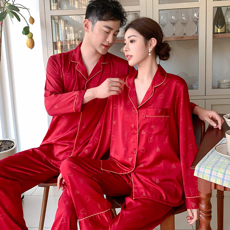 Romantic Faux Silk Couple Pajamas – Heart Print Luxury Sleepwear Set by Gullei