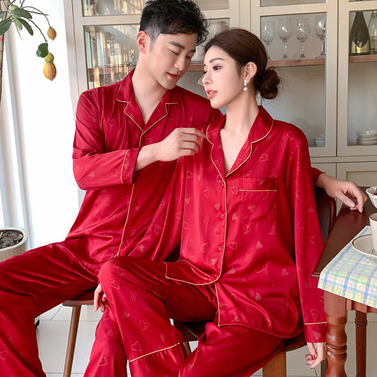 Romantic Faux Silk Couple Pajamas – Heart Print Luxury Sleepwear Set by Gullei