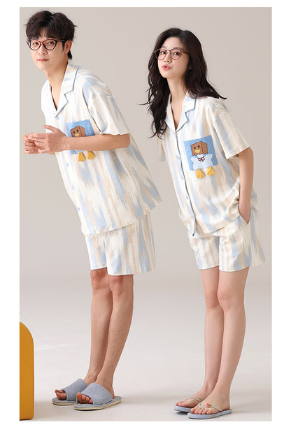 Cute Cartoon Couple Pajamas - Cotton Short Sleeve Cardigan