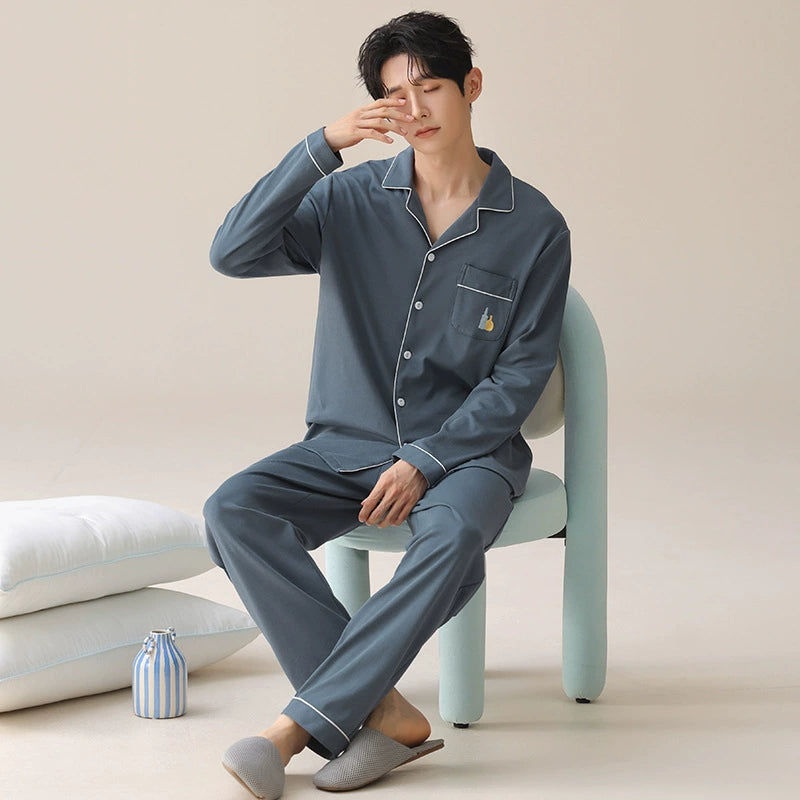Classic Cotton Contrast Piping Couple Pajamas - 100% Natural Cotton