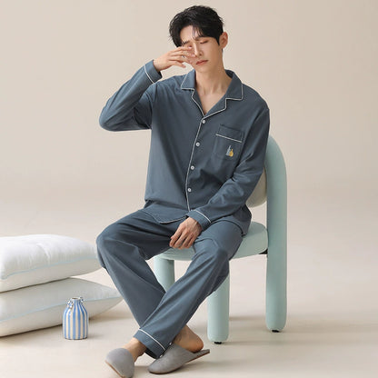 Classic Cotton Contrast Piping Couple Pajamas - 100% Natural Cotton