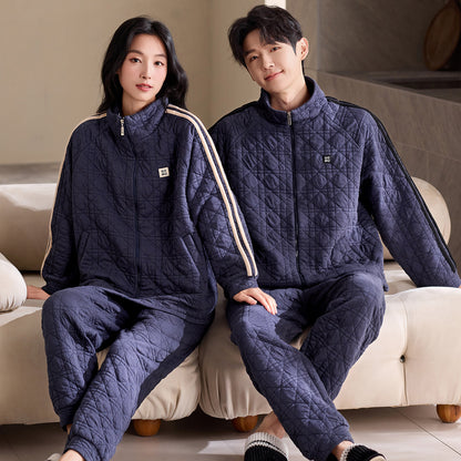 Sporty Quilted Couple Pajamas – Air Cotton Zip-Up Loungewear by Gullei