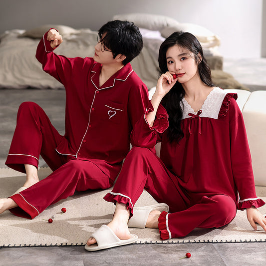 Red Winter Pajamas Set for Couples 100% Cotton