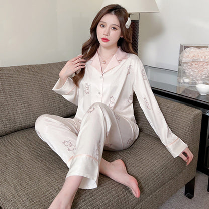 Women Pajamas Set – Bunny Print Satin Cooling Sleepwear