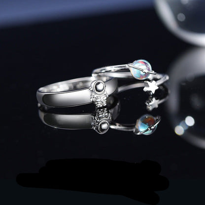 Moonstone Spaceman Rings Set for Two - 18K Gold Plated Sterling Silver