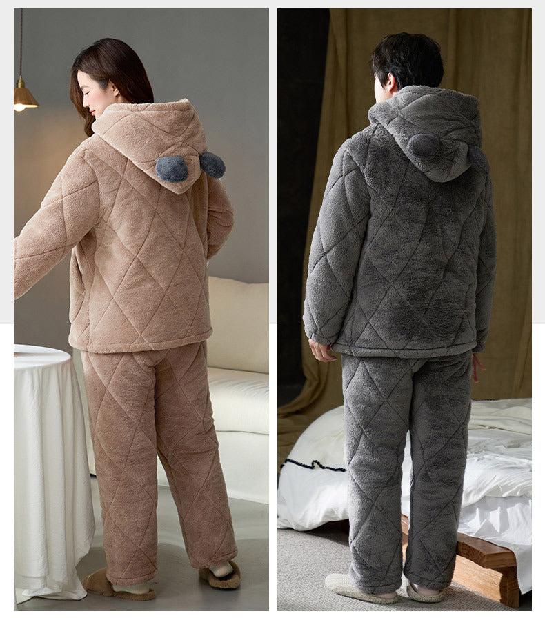Gullei Bear-Ear Coral Fleece Couple Pajamas – Cozy & Playful Winter Set