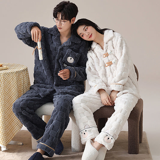 Couples Cute Bear Winter Flannel Pajamas Set