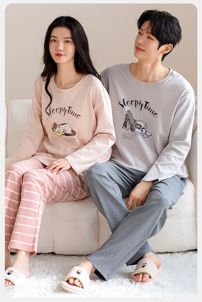 Soft Lounge Couple Pajamas – Cotton Sleepwear with Sleepy Puppy Prints by Gullei