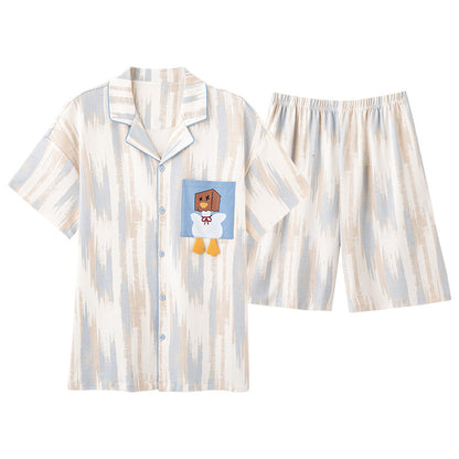 Cute Cartoon Couple Pajamas - Cotton Short Sleeve Cardigan