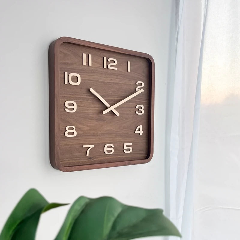 Retro Square Shaped Analog Wall Clock - Walnut Wood Made