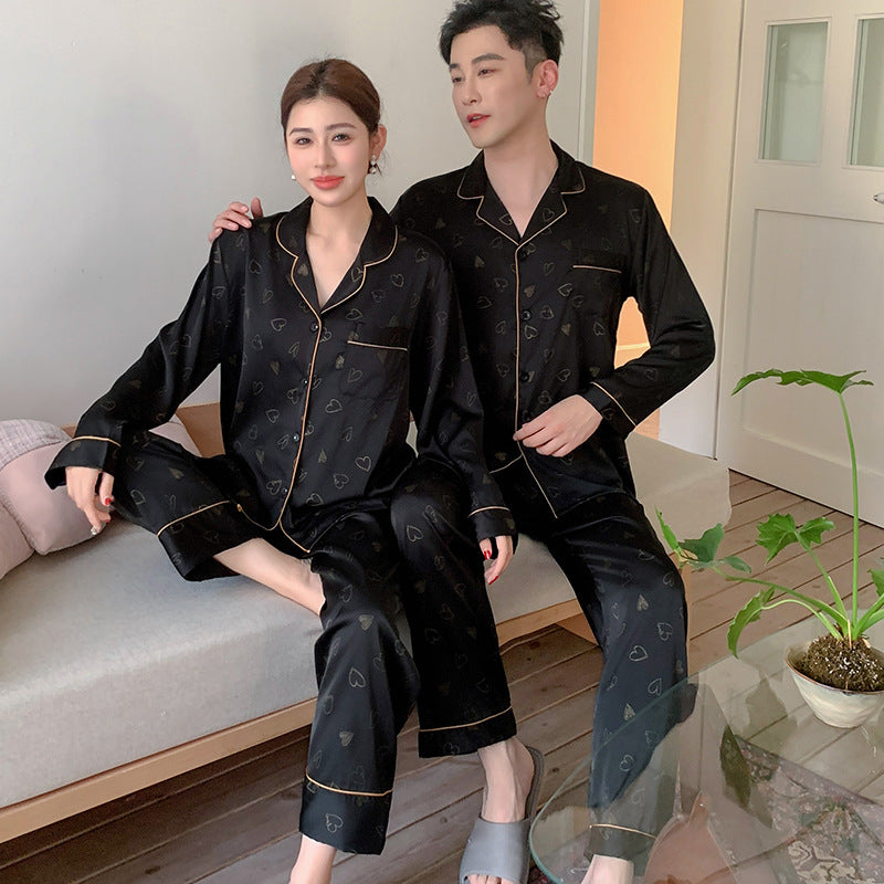 Romantic Minimalist Faux Silk Couple Pajamas – Heart Print Luxury Sleepwear Set by Gullei