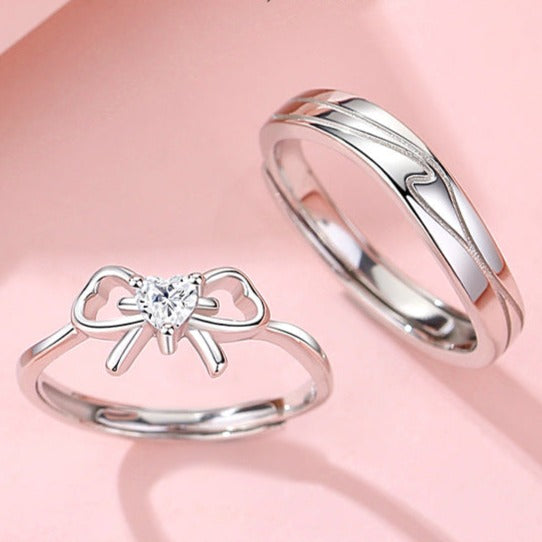 Sterling Silver Bow Couple Rings Set - Adjustable Size