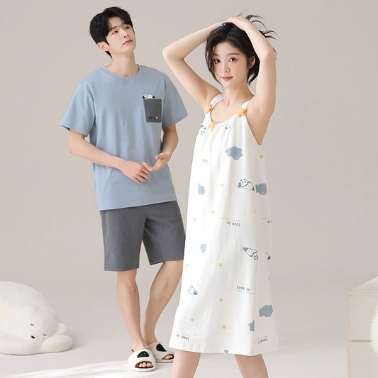 Coordinated Panda Nightgown & Shorts Couple's Set
